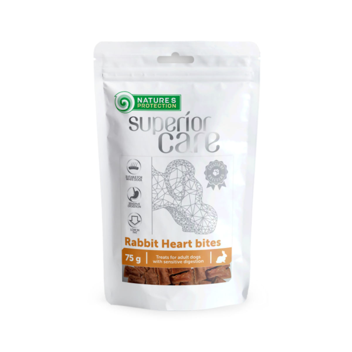 NATURES PROTECTION Superior Care Rabbit Heart Bites, XS-XL, Iepure și Inimă, punguță recompense câini, 75g - 1 | YEO