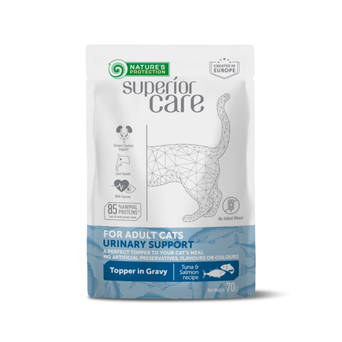 NATURES PROTECTION Superior Care Urinary, Ton și Somon, plic hrană umedă pisici, sistem urinar, (topping), 70g