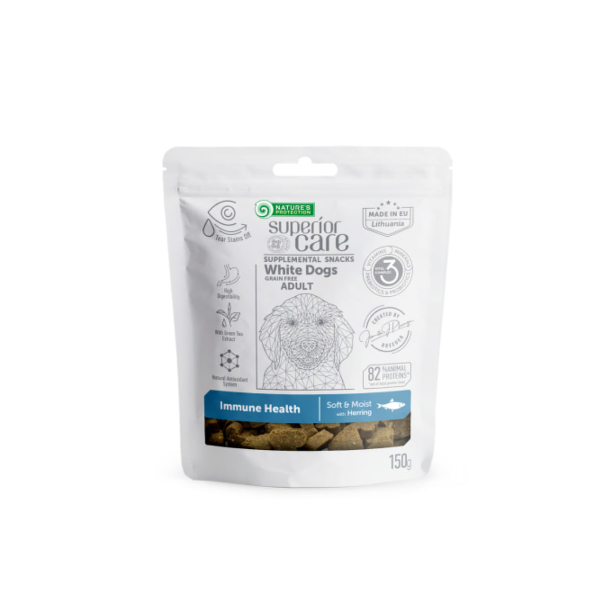 NATURES PROTECTION Superior Care White Dogs, XS-XL, Hering și Ceai verde, punguță recompense funcționale fără cereale câini, sistem imunitar, 150g - 1 | YEO