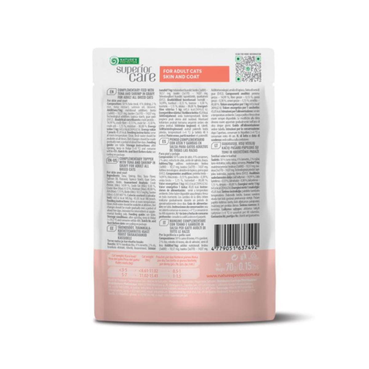 NATURES PROTECTION Superior Care Skin & Coat, Ton și Creveți, plic hrană umedă pisici, piele & blană, (topping), 70g - 2 | YEO