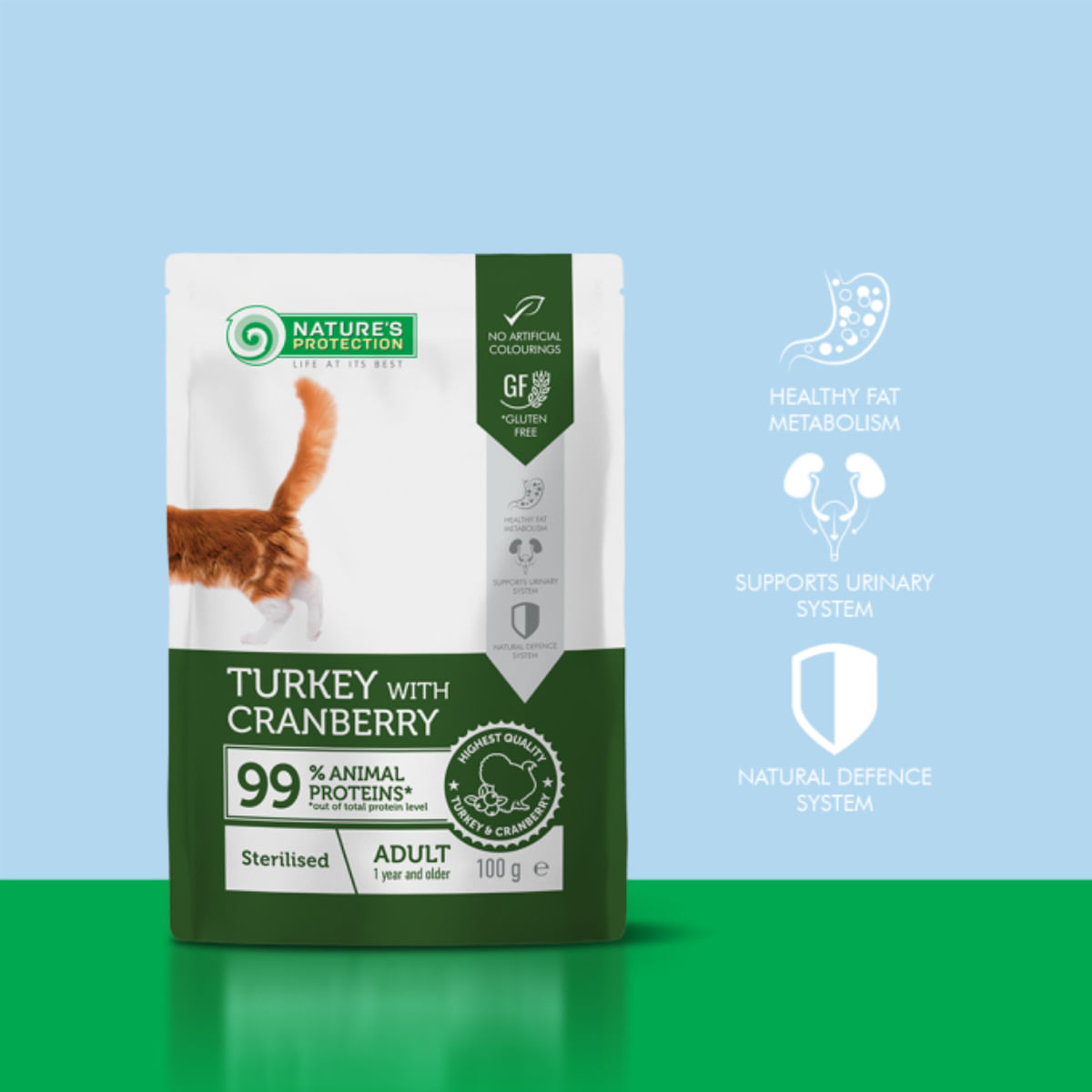 NATURES PROTECTION Sterilised, Curcan și Merișoare, plic hrană umedă monoproteică pisici sterilizate, (în sos), 100g - 2 | YEO