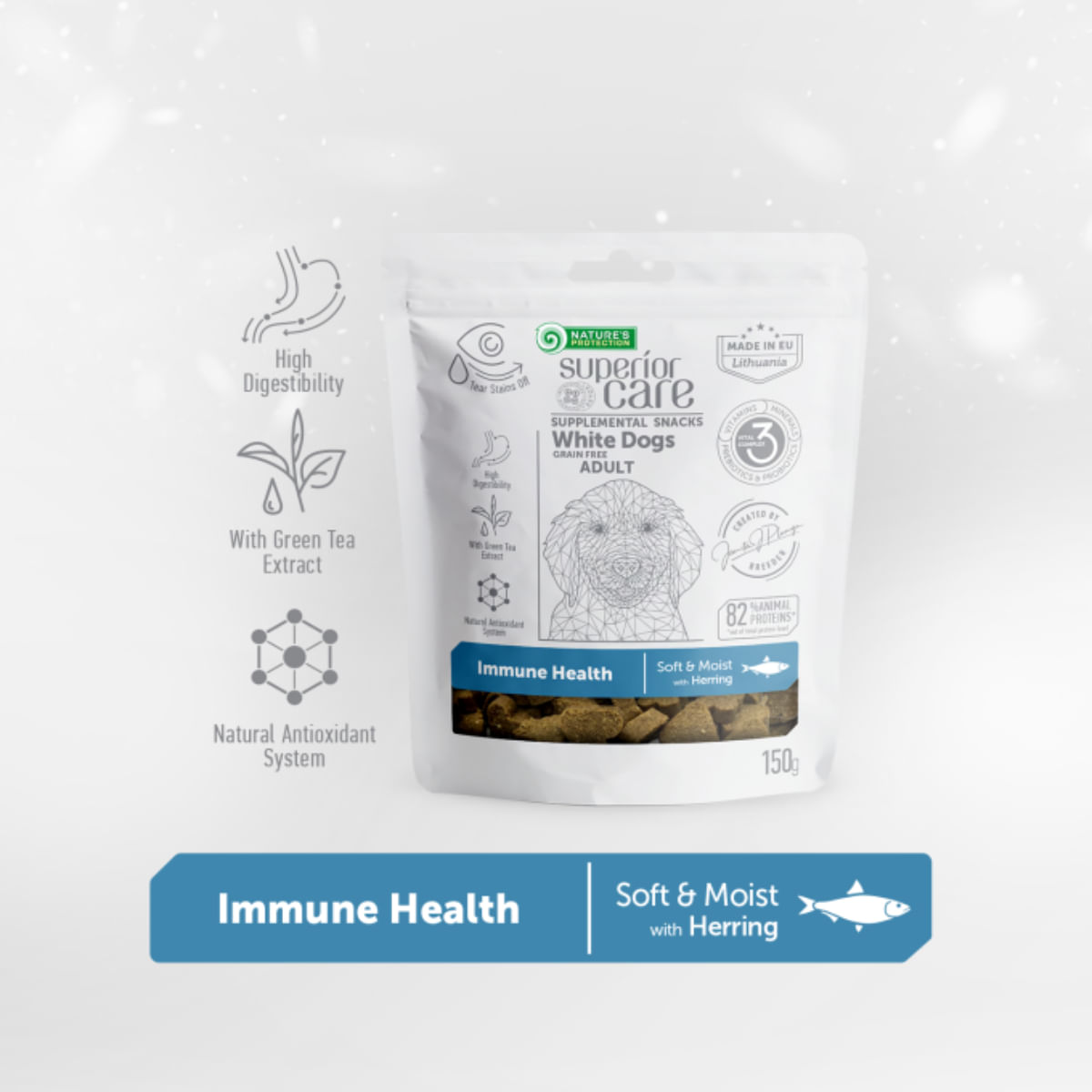 NATURES PROTECTION Superior Care White Dogs, XS-XL, Hering și Ceai verde, punguță recompense funcționale fără cereale câini, sistem imunitar, 150g - 2 | YEO