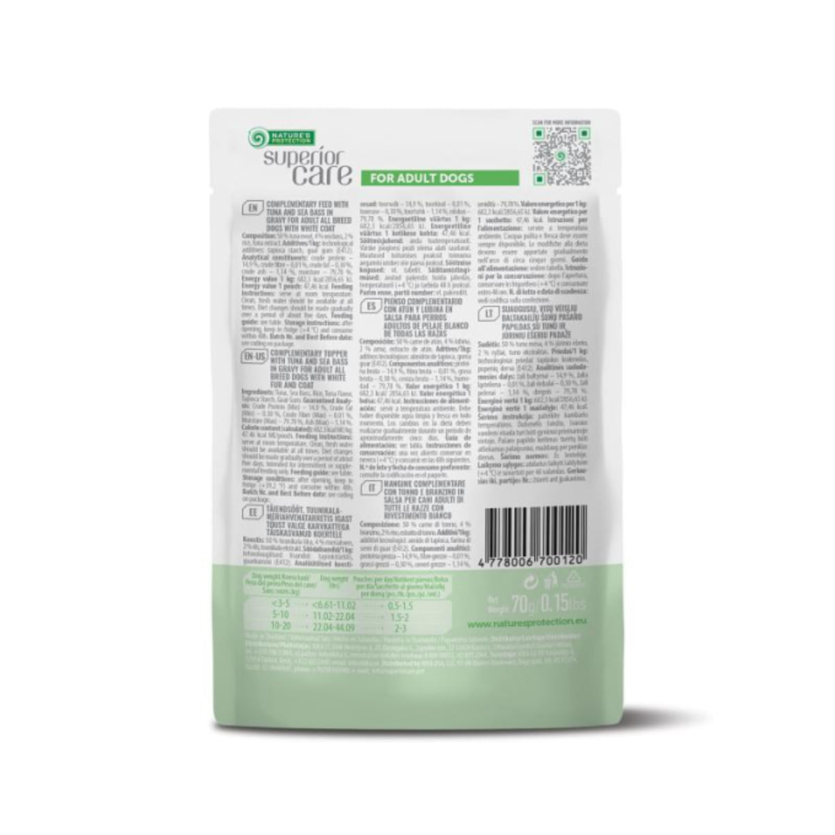 NATURES PROTECTION Superior Care White Dogs, XS-XL, Ton și Pește alb, plic hrană umedă câini, (topping), 70g