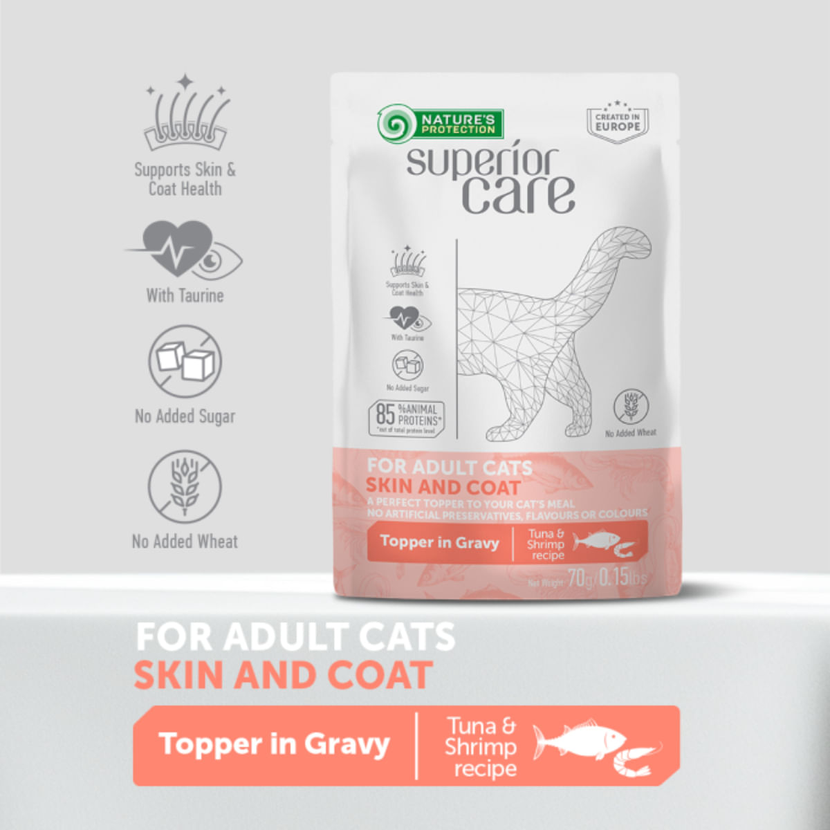 NATURES PROTECTION Superior Care Skin &amp; Coat, Ton și Creveți, plic hrană umedă pisici, piele &amp; blană, (topping), 70g