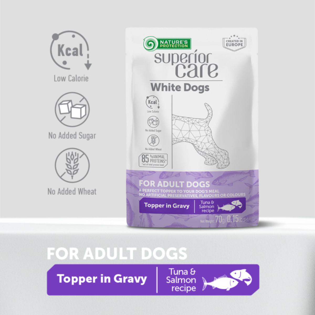 NATURES PROTECTION Superior Care White Dogs, XS-XL, Ton și Somon, plic hrană umedă câini, (topping), 70g