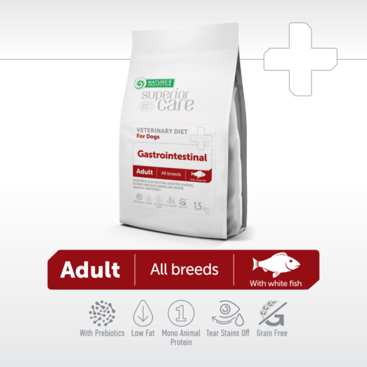 NATURES PROTECTION Superior Care Veterinary Diet Gastrointestinal White, XS-XL, Pește, dietă veterinară, hrană uscată câini, sistem digestiv, 1.5kg