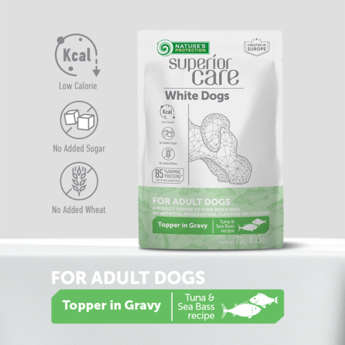 NATURES PROTECTION Superior Care White Dogs, XS-XL, Ton și Pește alb, plic hrană umedă câini, (topping), 70g