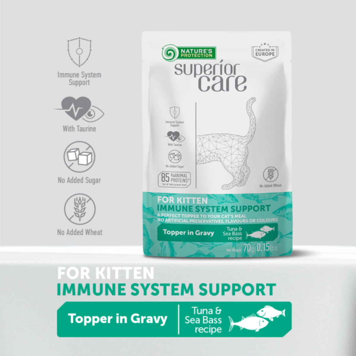 NATURES PROTECTION Superior Care Immune System, Ton și Șalău, plic hrană umedă pisici junior, sistem imunitar, (topping), 70g