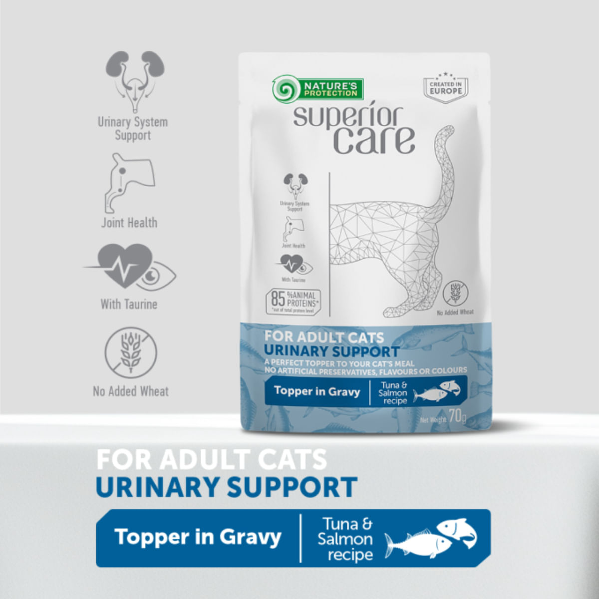 NATURES PROTECTION Superior Care Urinary, Ton și Somon, plic hrană umedă pisici, sistem urinar, (topping), 70g