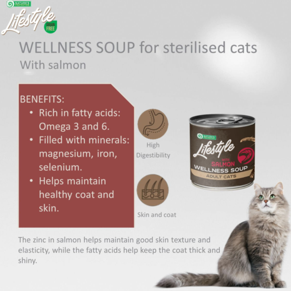 NATURES PROTECTION Lifestyle Sterilised Soup, Somon, conservă hrană umedă pisici sterilizate, (topping), 140g
