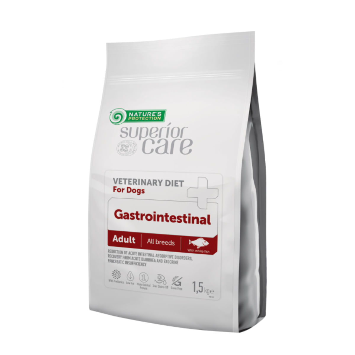 NATURES PROTECTION Superior Care Veterinary Diet Gastrointestinal White, XS-XL, Pește, dietă veterinară, hrană uscată câini, sistem digestiv, 10kg