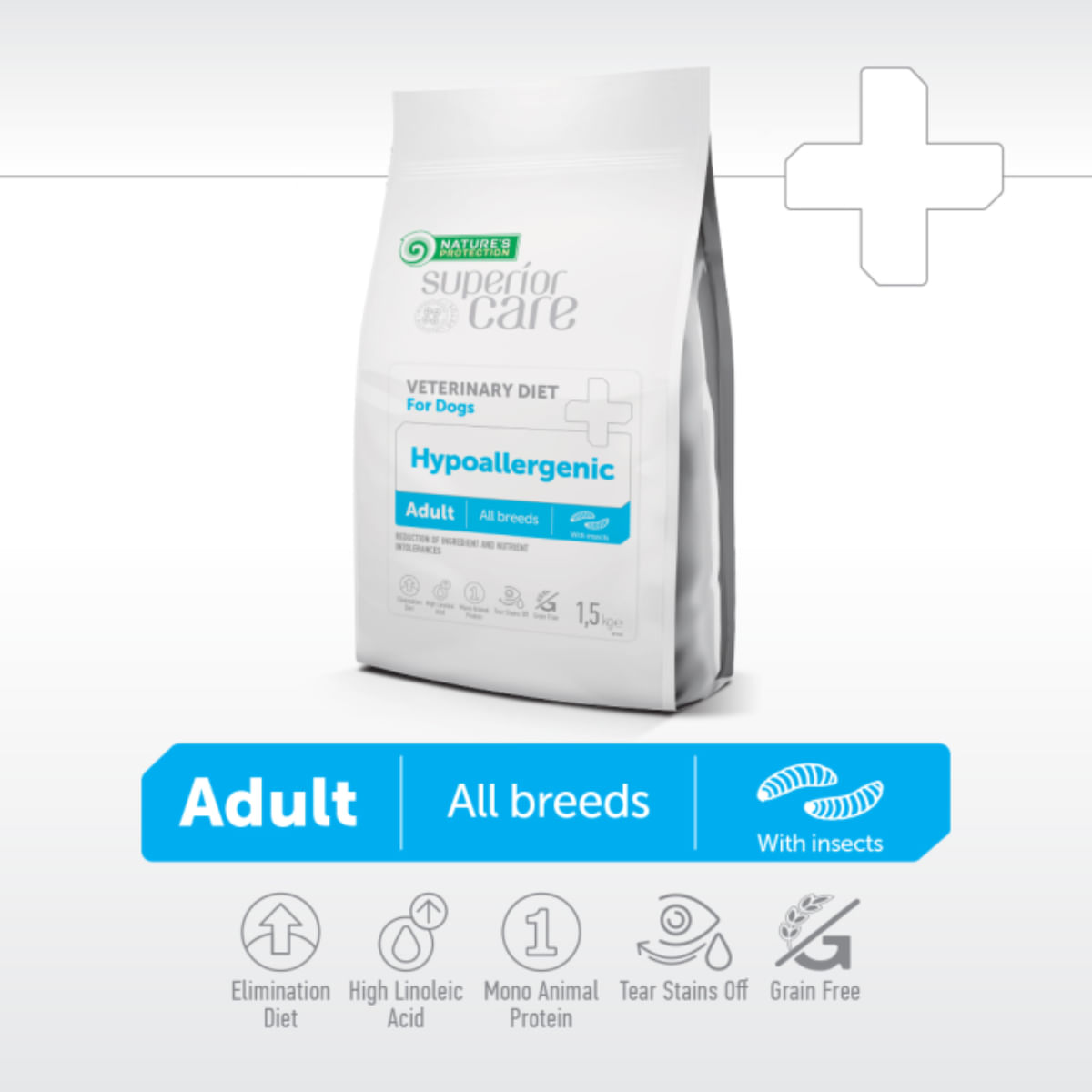 NATURES PROTECTION Superior Care Veterinary Diet Hypoallergenic, XS-XL, Insecte, dietă veterinară, hrană uscată monoproteică câini, alergii, 1.5kg