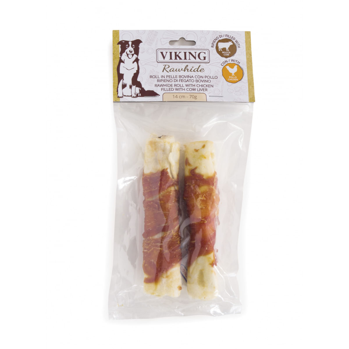 LEOPET Viking Rawhide Roll Filled, M-L, Pui și Ficat de Vită, punguță recompense fără cereale câini, 70g - 1 | YEO