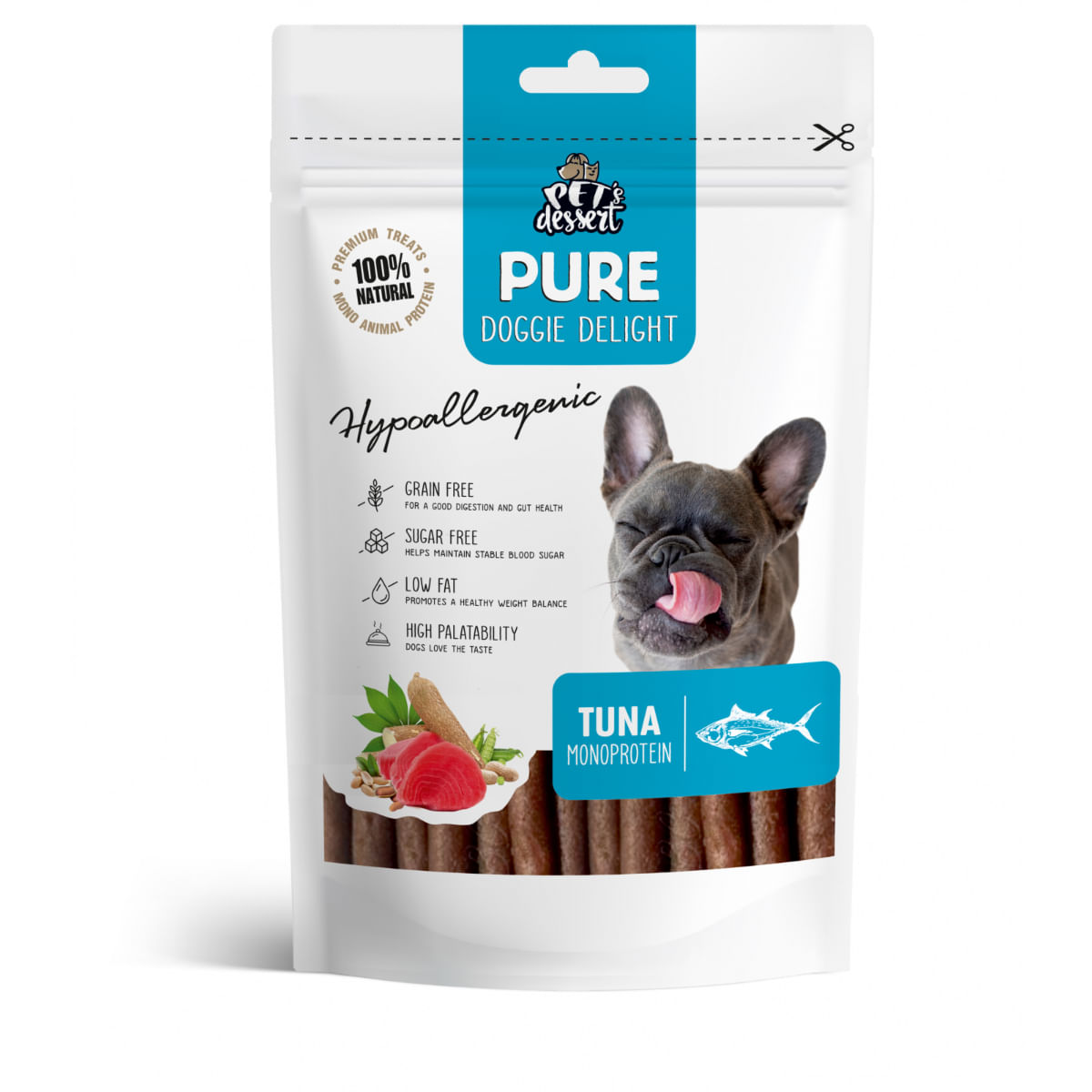 PET\'S DESSERT Pure Doggie Delight Hypoallergenic, XS-XL, Ton, punguță recompense monoproteice fără cereale câini, alergii, 80g - 1 | YEO