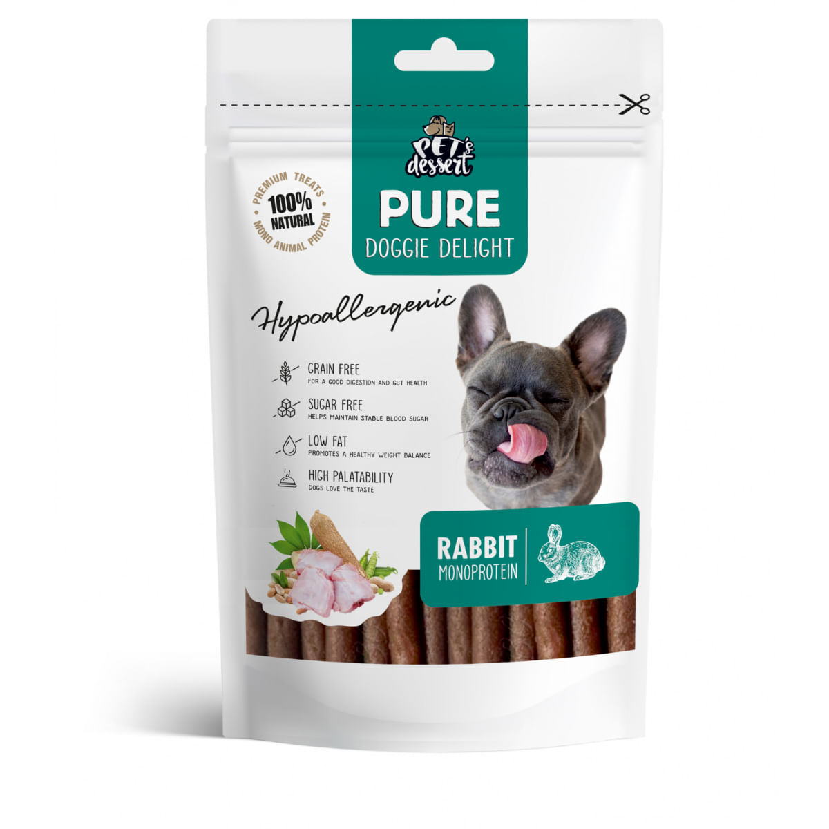 PET\'S DESSERT Pure Doggie Delight Hypoallergenic, XS-XL, Iepure, punguță recompense monoproteice fără cereale câini, alergii, 80g - 1 | YEO