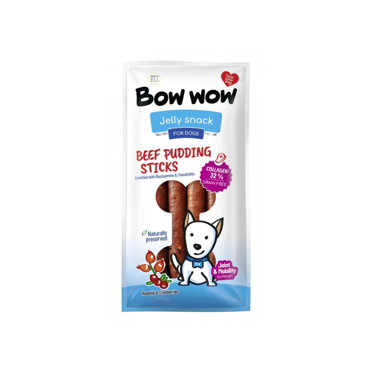 BOW WOW Jelly Snacks Pudding Sticks Colagen Macese XS-XL, Vită și Merișoare, punguță recompense câini, 165g - 1 | YEO
