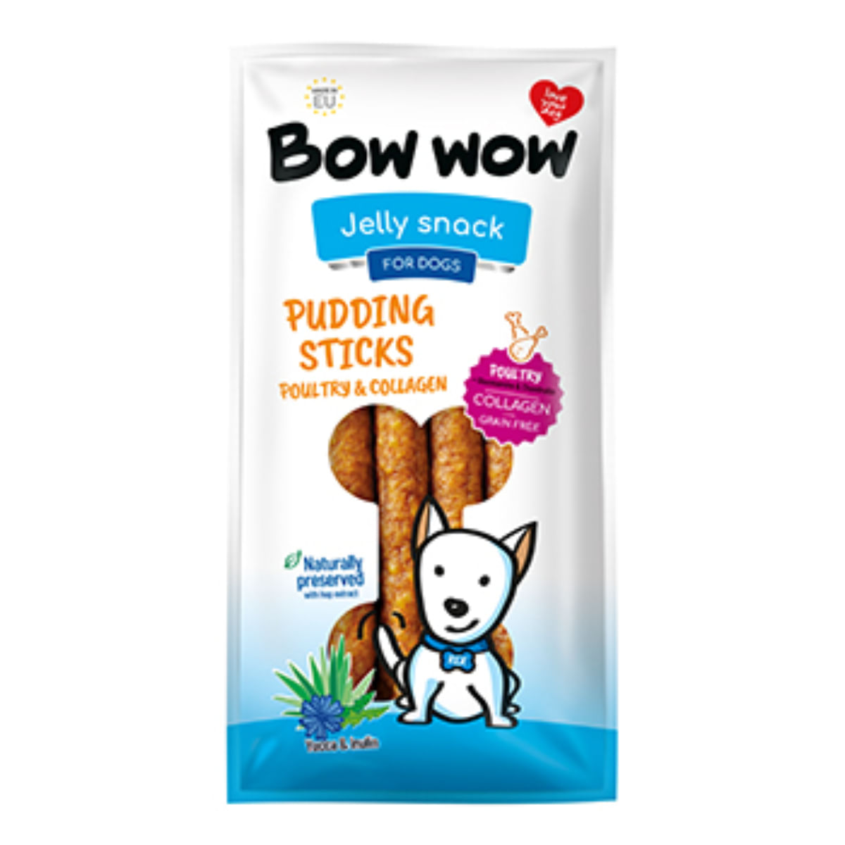 BOW WOW Jelly Snacks Pudding Sticks Colagen Yucca Inulina, XS-XL, Pui, punguță recompense câini, 165g - 1 | YEO