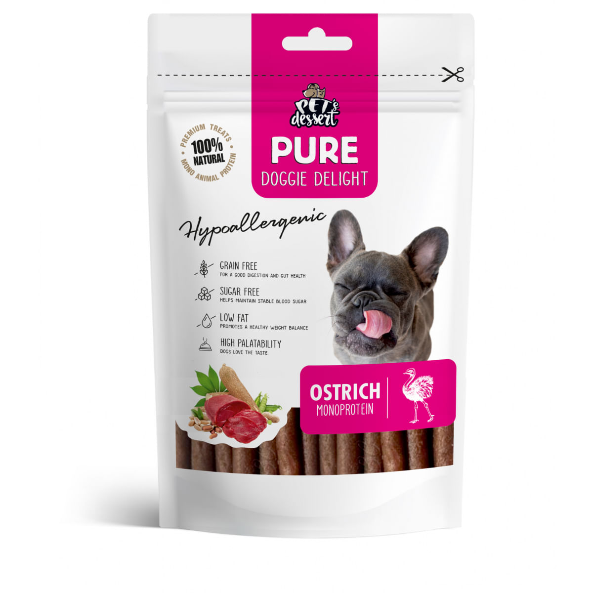 PET\'S DESSERT Pure Doggie Delight Hypoallergenic, XS-XL, Struț, punguță recompense monoproteice fără cereale câini, alergii, 80g