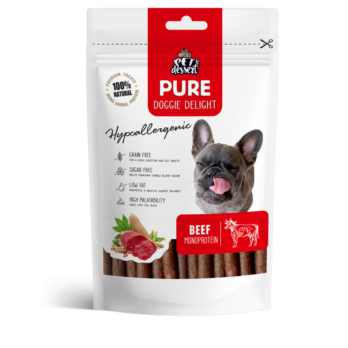PET\'S DESSERT Pure Doggie Delight Hypoallergenic, XS-XL, Vită, punguță recompense monoproteice fără cereale câini, alergii, 80g - 1 | YEO