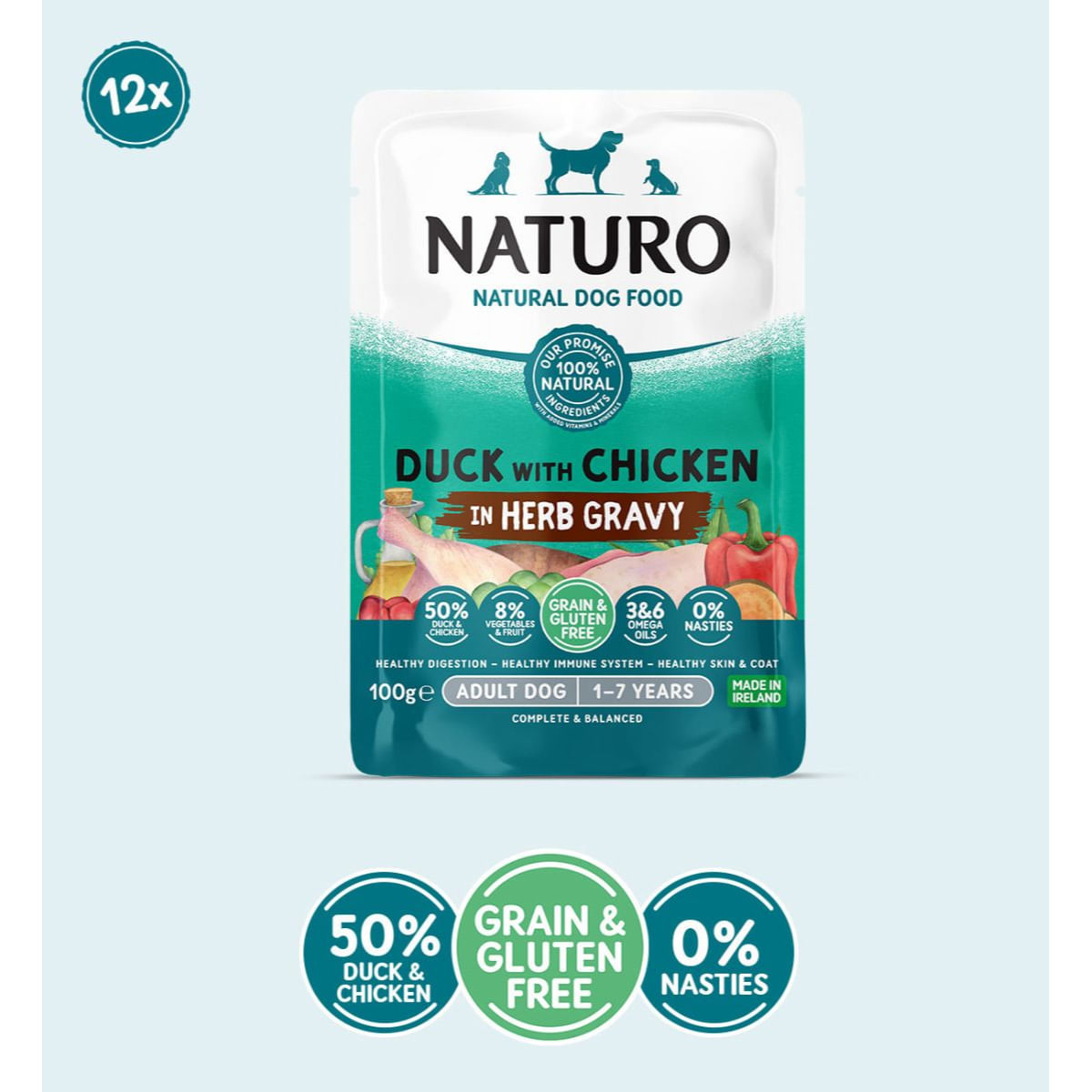NATURO, XS-XL, Rață și Pui, plic hrană umedă fără cereale câini (în sos), 100g - 1 | YEO