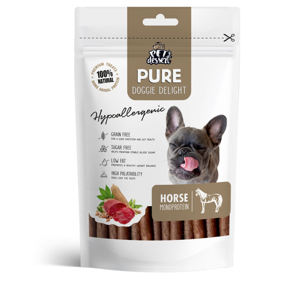 PET\'S DESSERT Pure Doggie Delight Hypoallergenic, XS-XL, Cal, punguță recompense monoproteice fără cereale câini, alergii, 80g