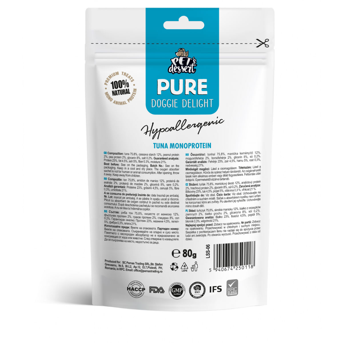 PET\'S DESSERT Pure Doggie Delight Hypoallergenic, XS-XL, Ton, punguță recompense monoproteice fără cereale câini, alergii, 80g - 2 | YEO