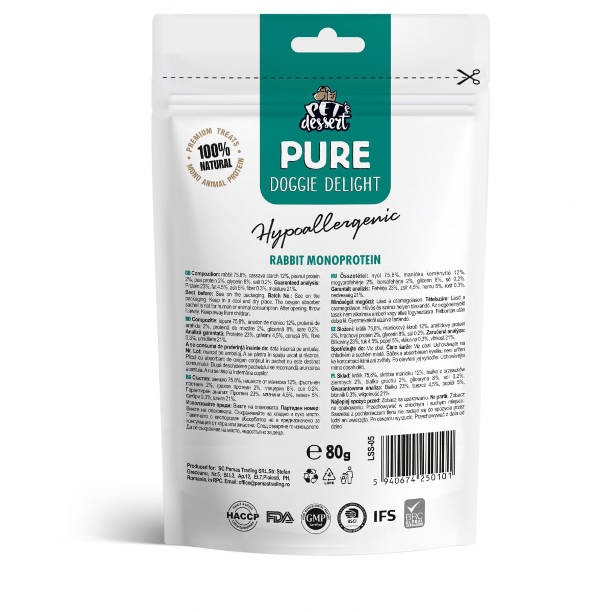 PET\'S DESSERT Pure Doggie Delight Hypoallergenic, XS-XL, Iepure, punguță recompense monoproteice fără cereale câini, alergii, 80g - 2 | YEO
