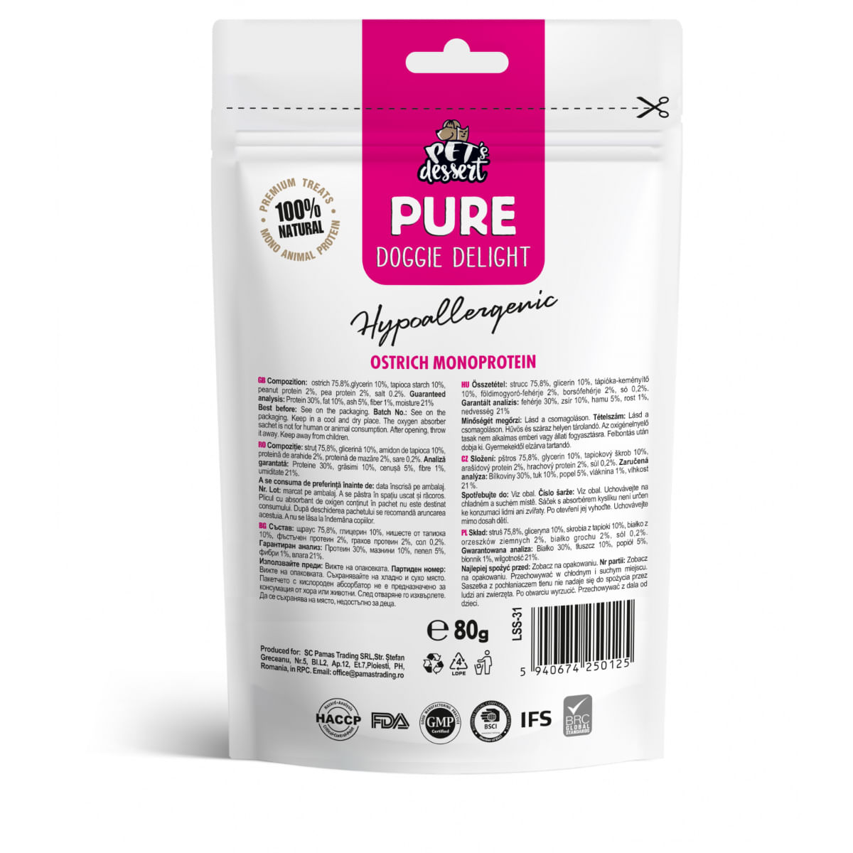PET\'S DESSERT Pure Doggie Delight Hypoallergenic, XS-XL, Struț, punguță recompense monoproteice fără cereale câini, alergii, 80g - 2 | YEO