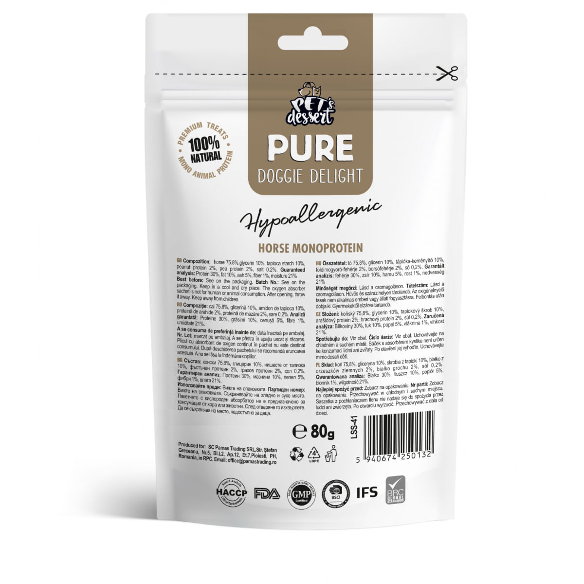 PET\'S DESSERT Pure Doggie Delight Hypoallergenic, XS-XL, Cal, punguță recompense monoproteice fără cereale câini, alergii, 80g - 2 | YEO