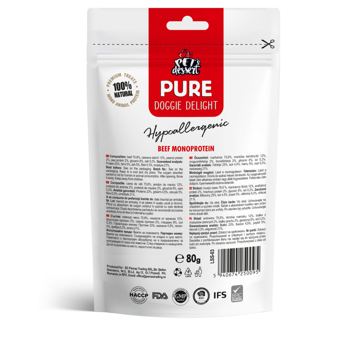 PET\'S DESSERT Pure Doggie Delight Hypoallergenic, XS-XL, Vită, punguță recompense monoproteice fără cereale câini, alergii, 80g - 2 | YEO