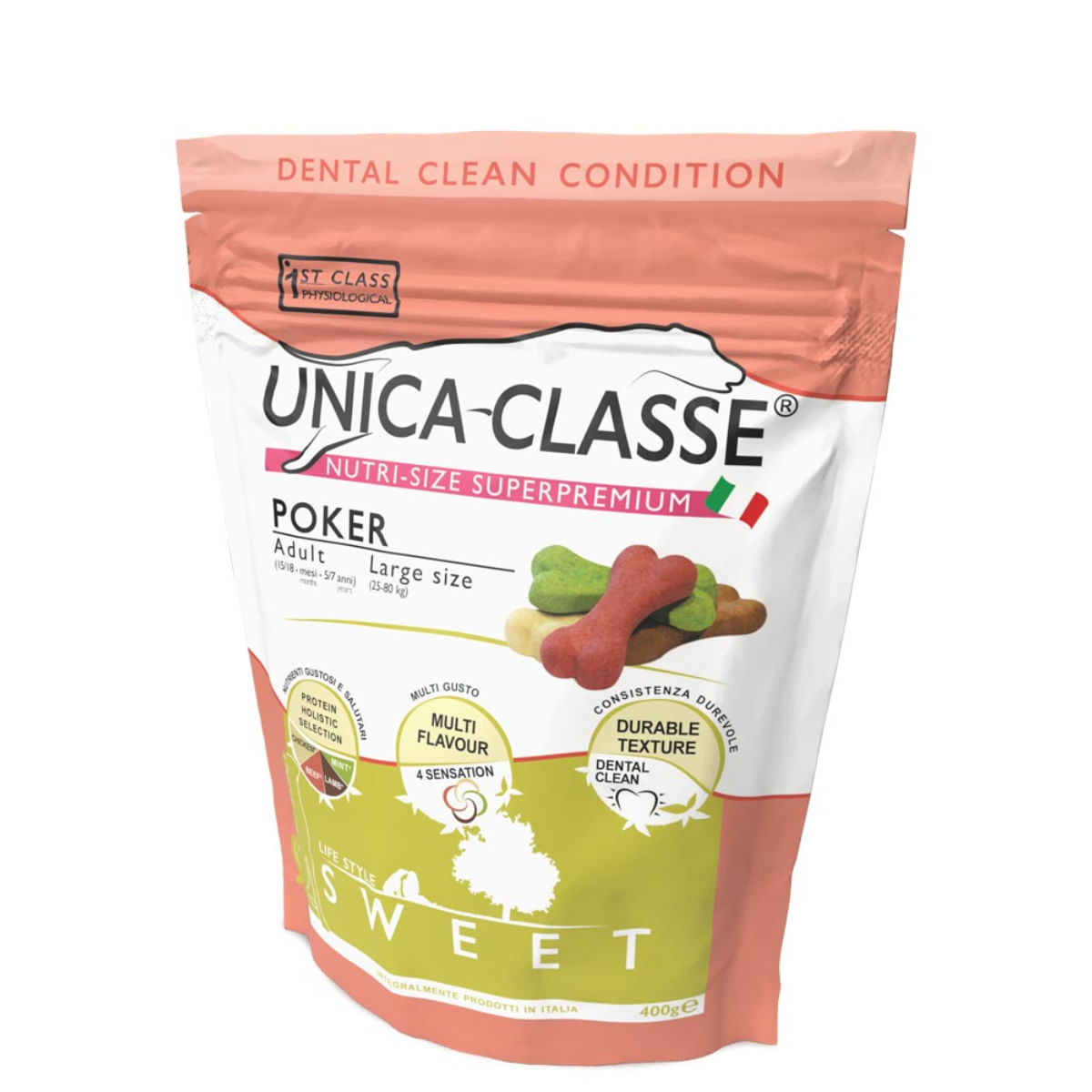 UNICA Classe Poker Sweet, L-XL, Pui și Vită, punguță recompense funcționale câini, sensibilități dentare, 400g - 1 | YEO