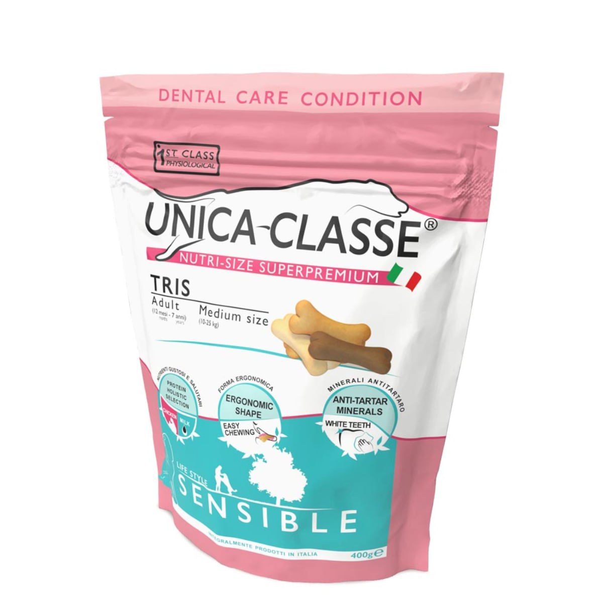 UNICA Classe Tris, M, Pui și Miel, punguță recompense funcționale câini, sensibilități dentare, 400g - 1 | YEO