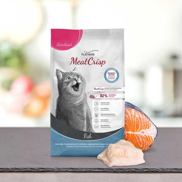 PLATINUM MeatCrisp Sterilised, Pește, hrană uscată pisici sterilizate, deshidratat, 3kg