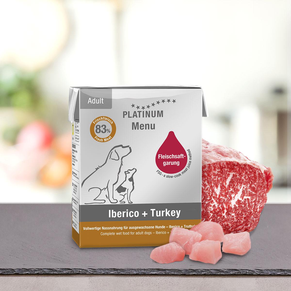 PLATINUM, XS-XL, Iberico și Curcan, tetra pack hrană umedă fără cereale câini, (în suc propriu), 185g - 1 | YEO