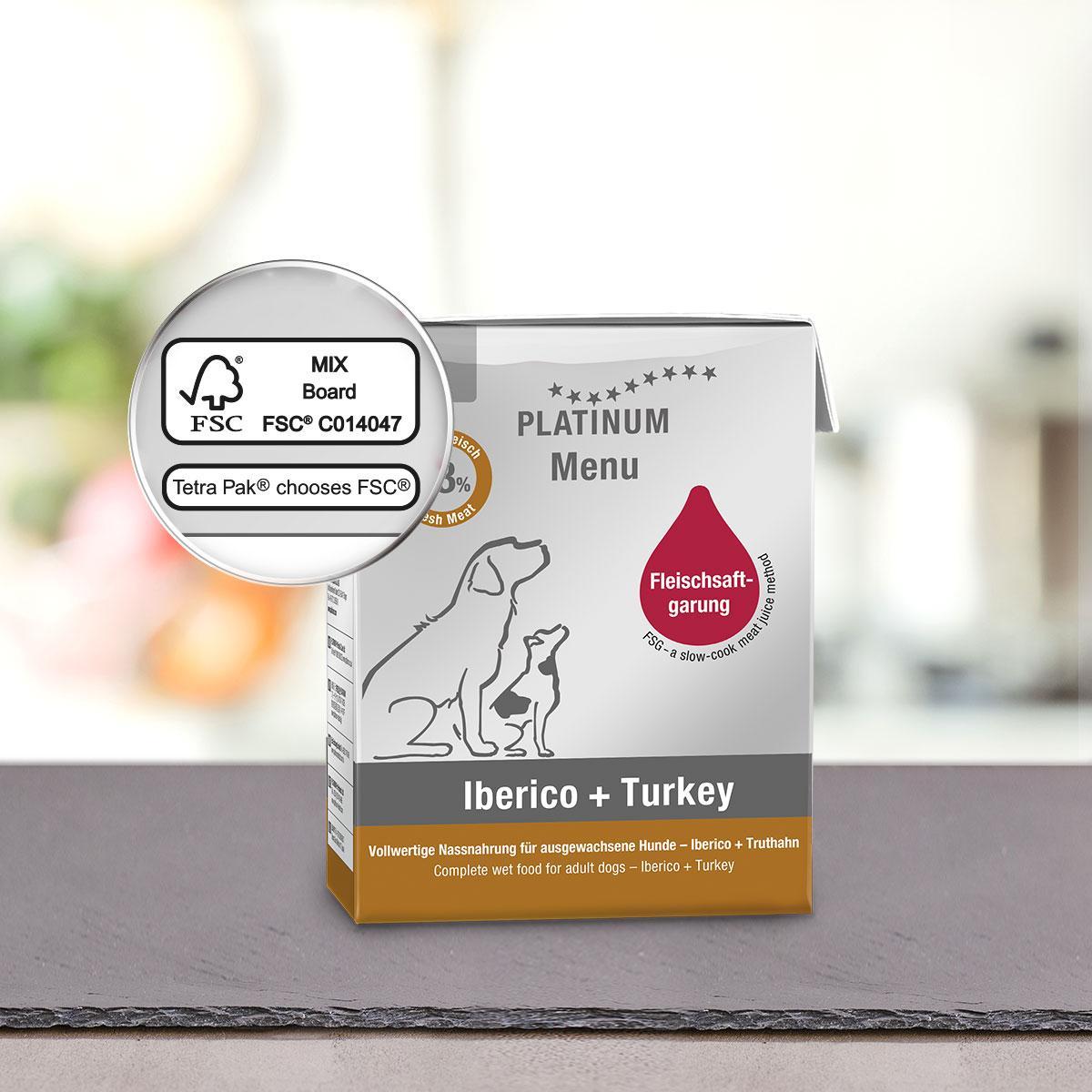 PLATINUM, XS-XL, Iberico și Curcan, tetra pack hrană umedă fără cereale câini, (în suc propriu), 185g