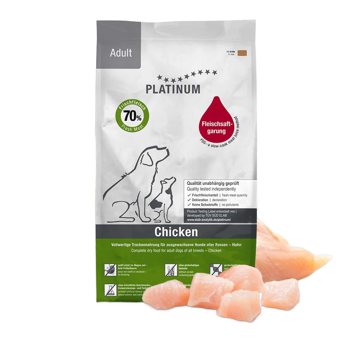 PLATINUM Adult, XS-XL, Pui, hrană uscată câini, semimoist, 1.5kg