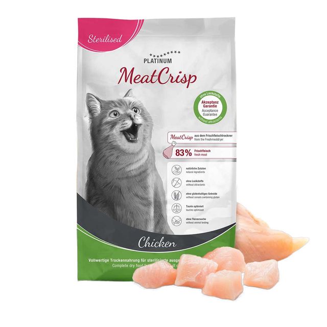 PLATINUM MeatCrisp Sterilised, Pui, hrană uscată pisici sterilizate, deshidratat, 1.5kg