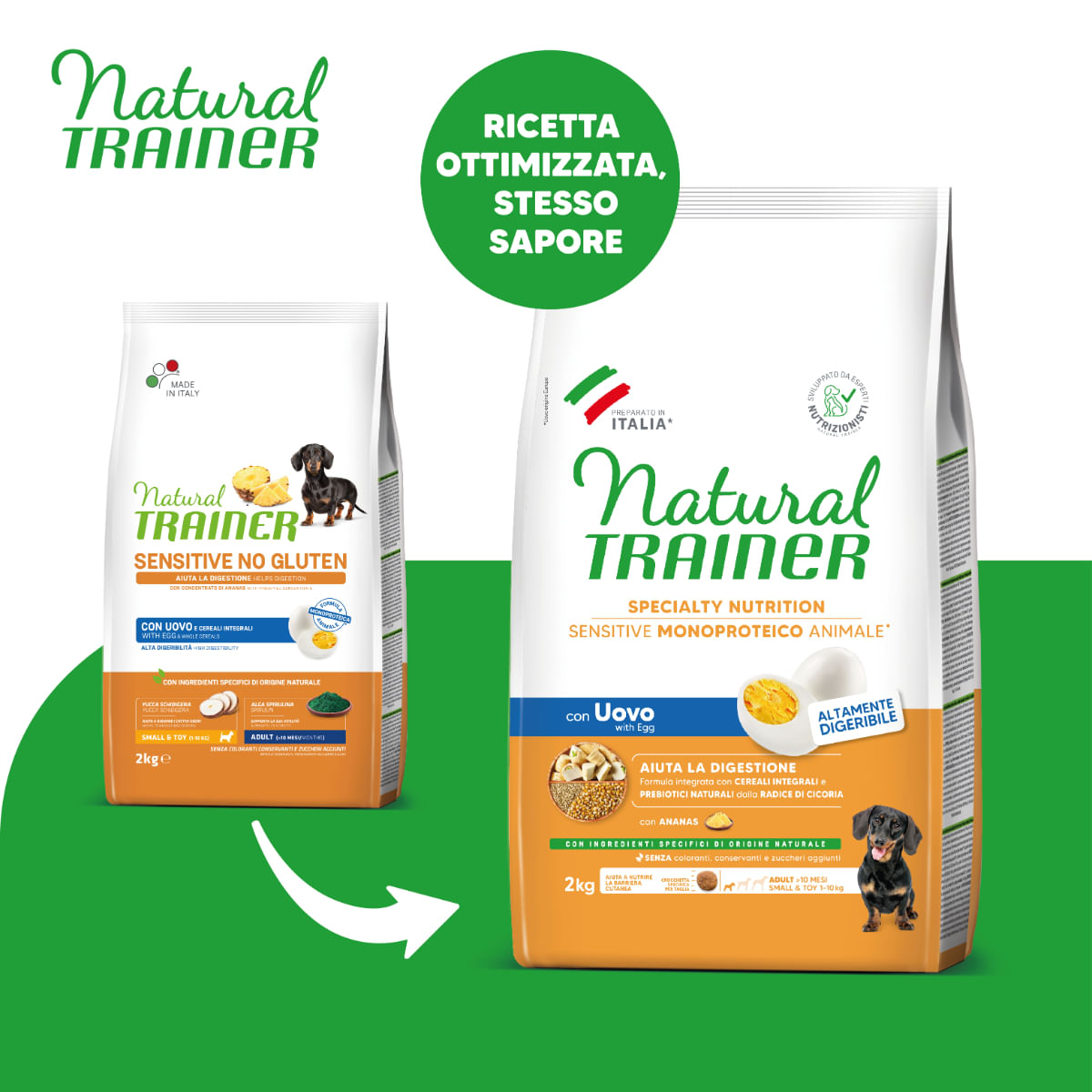NATURAL TRAINER Speciality Nutrition Sensitive, XS-S, Ou, hrană uscată monoproteică câini, sistem digestiv, 2kg