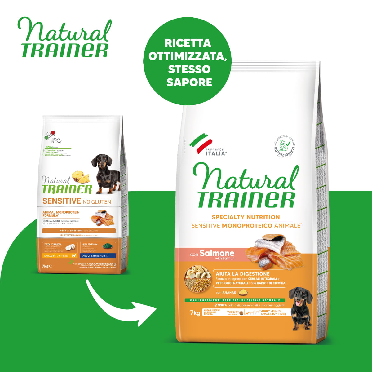 NATURAL TRAINER Speciality Nutrition Sensitive, XS-S, Somon, hrană uscată monoproteică câini, sistem digestiv, 7kg