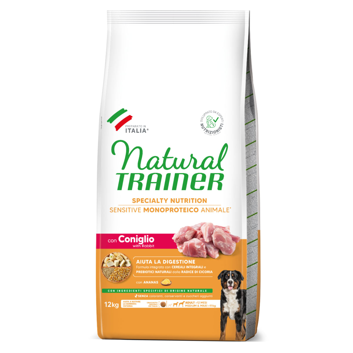 NATURAL TRAINER Speciality Nutrition Sensitive, M-XL, Iepure, hrană uscată monoproteică câini, sistem digestiv, 12kg