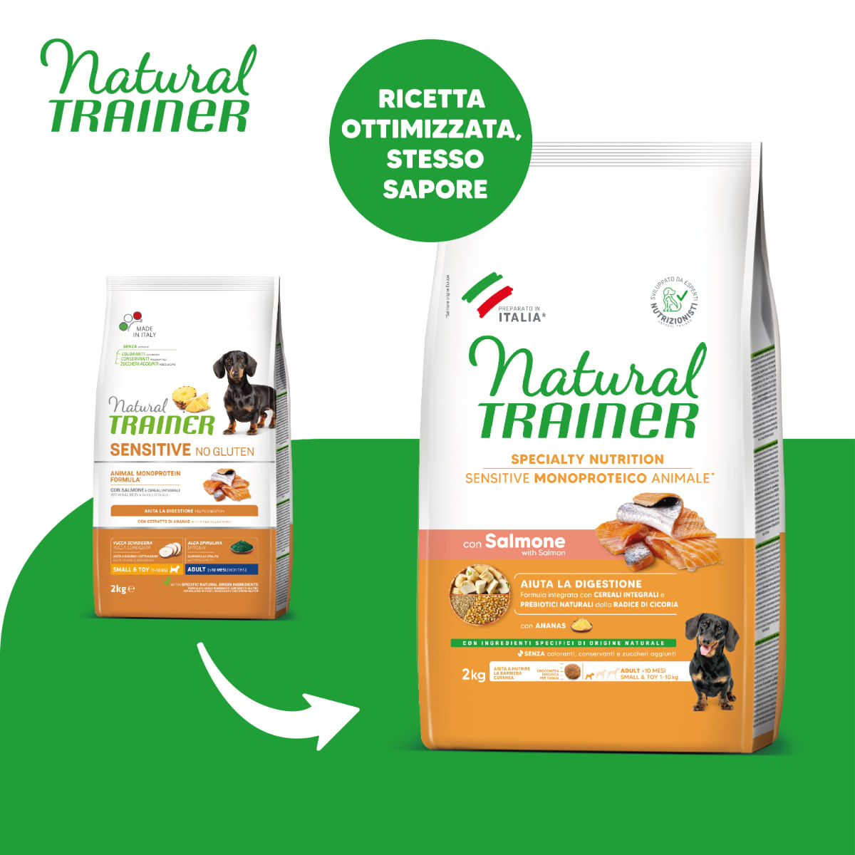 NATURAL TRAINER Speciality Nutrition Sensitive, XS-S, Somon, hrană uscată monoproteică câini, sistem digestiv, 2kg