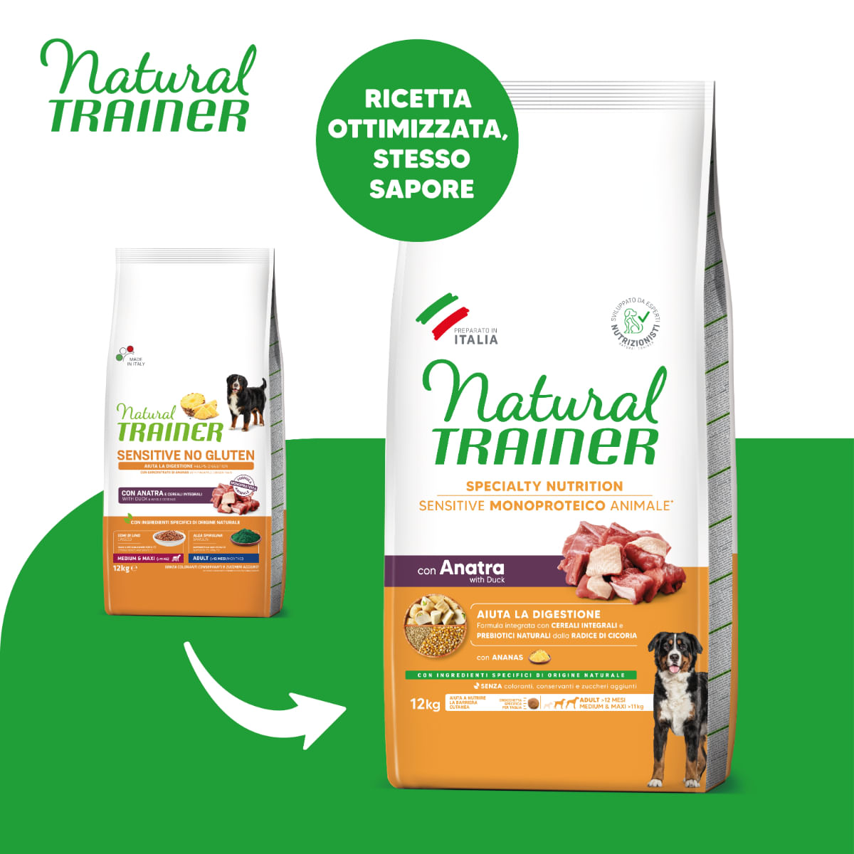 NATURAL TRAINER Speciality Nutrition Sensitive, M-XL, Rață, hrană uscată monoproteică câini, sistem digestiv, 12kg - 1 | YEO