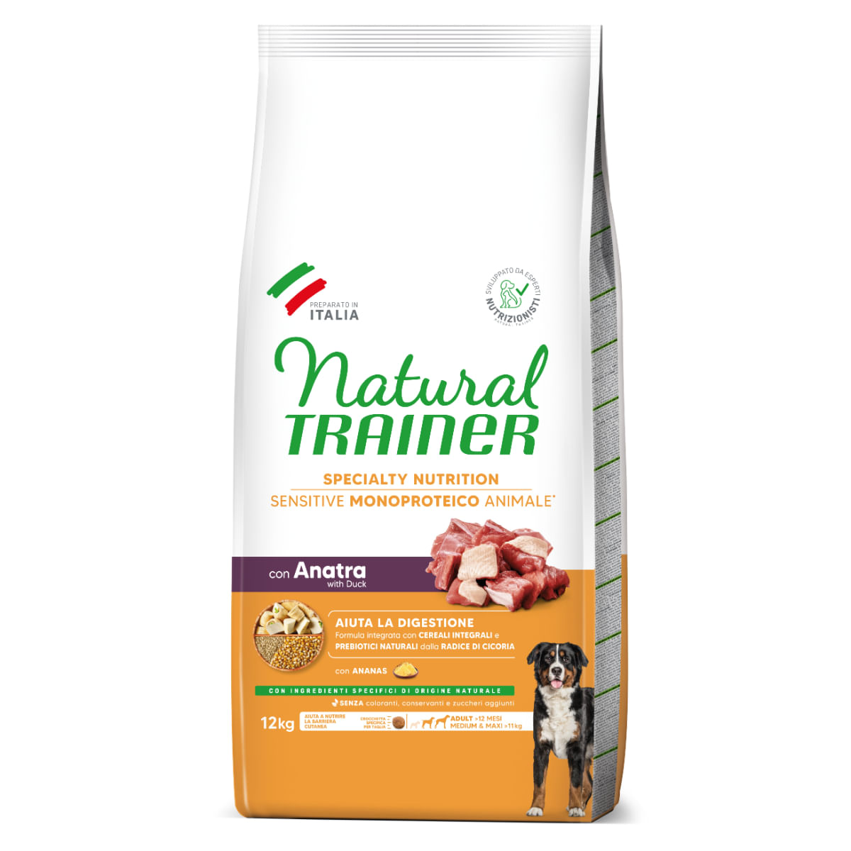 NATURAL TRAINER Speciality Nutrition Sensitive, M-XL, Rață, hrană uscată monoproteică câini, sistem digestiv, 12kg