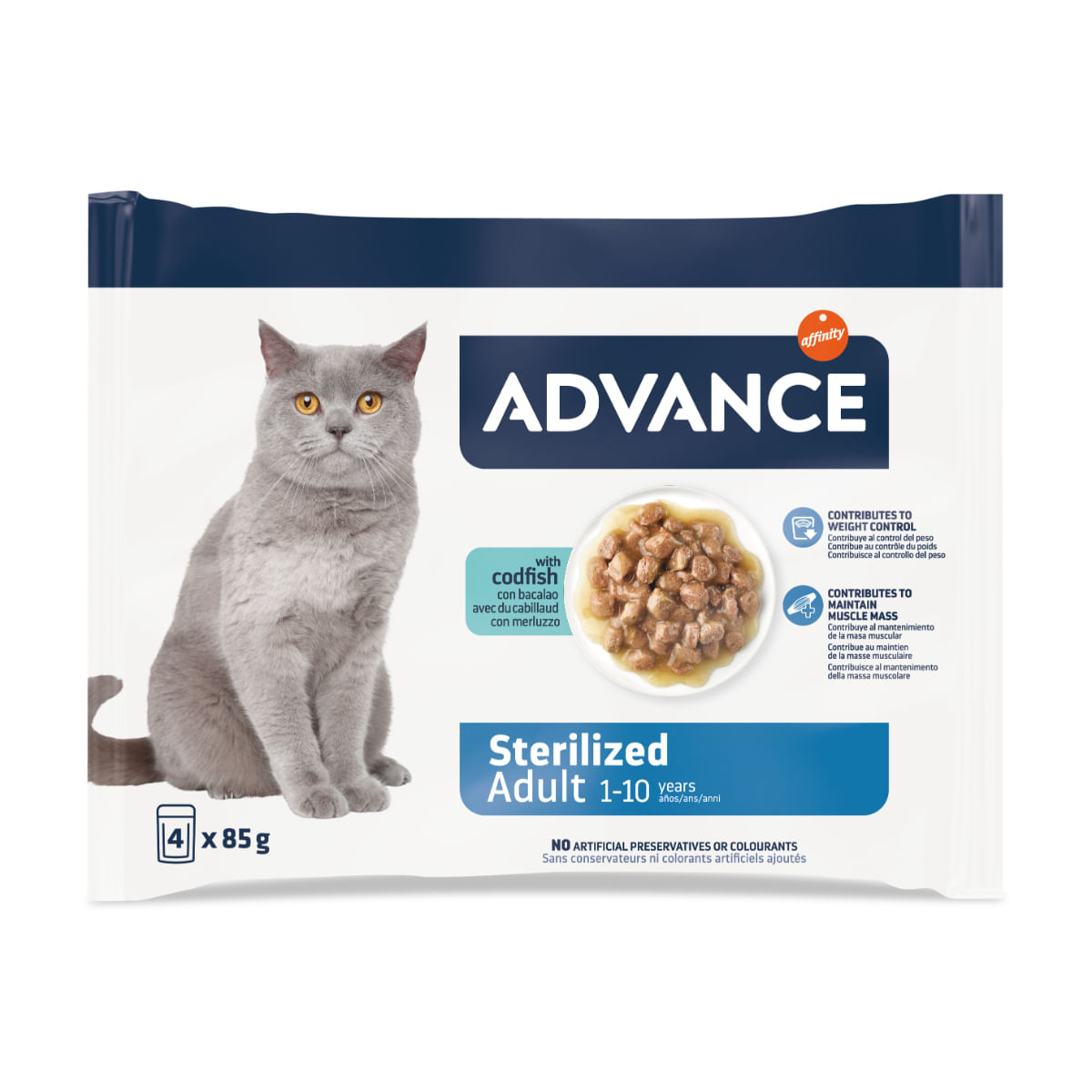 ADVANCE Sterilised, Cod, plic hrană umedă pisici sterilizate, (în sos), multipack, 85g x 4buc