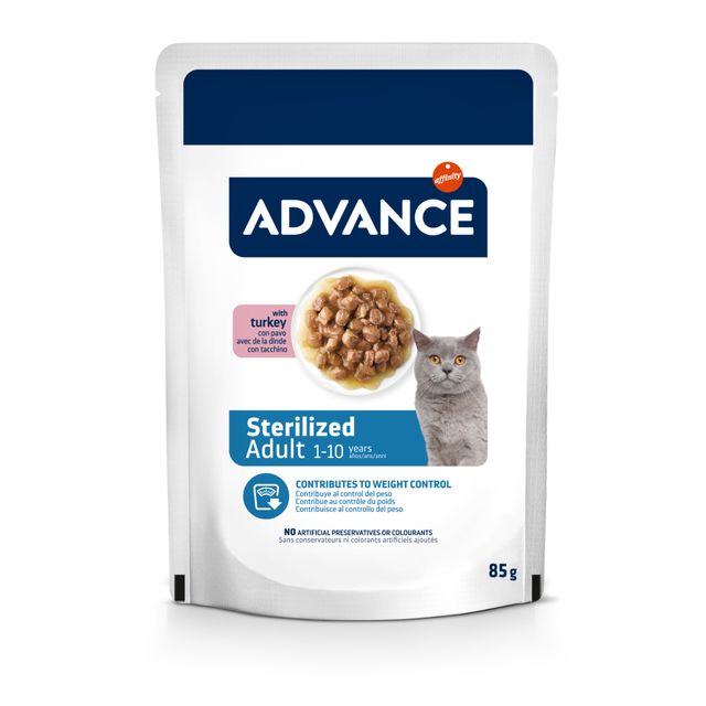 ADVANCE Sterilised, Curcan, plic hrană umedă pisici sterilizate, (în sos), 85g