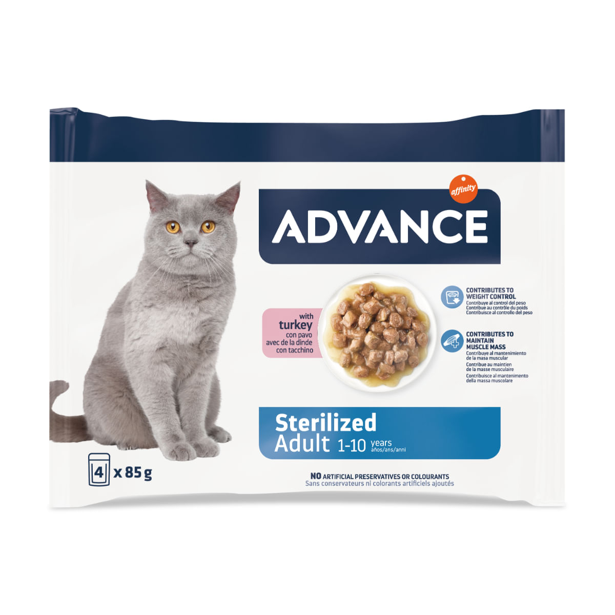 ADVANCE Sterilised, Curcan, plic hrană umedă pisici sterilizate, (în sos), multipack, 85g x 4buc