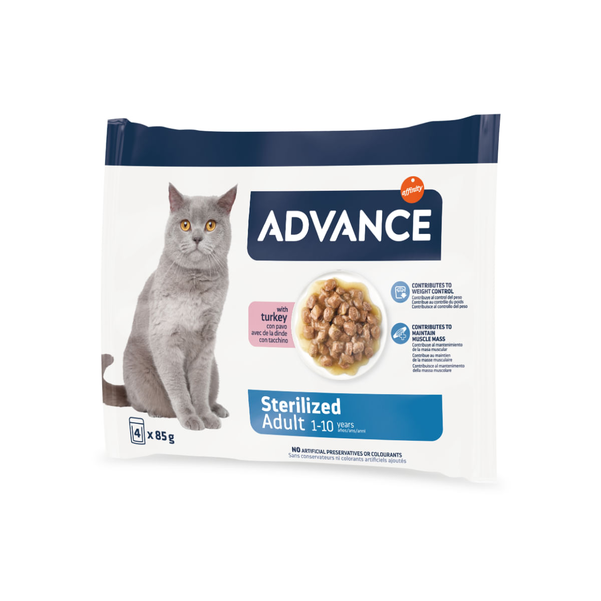 ADVANCE Sterilised, Curcan, plic hrană umedă pisici sterilizate, (în sos), multipack, 85g x 4buc