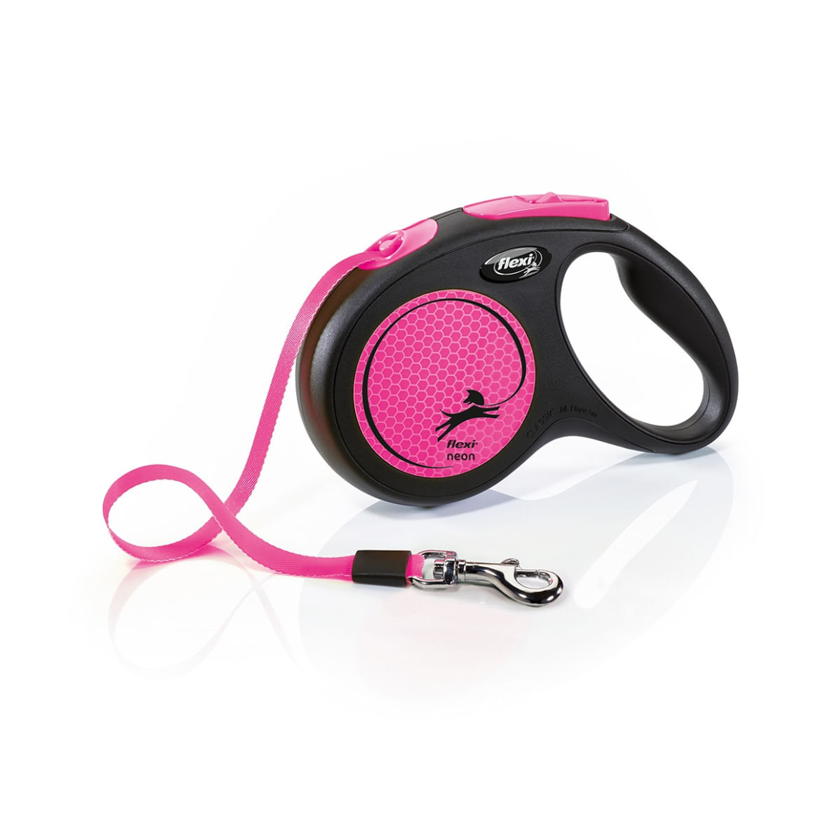 FLEXI Neon, lesă bandă retractabilă câini, reflectorizant, nylon, roz, M(25kg, 5m)