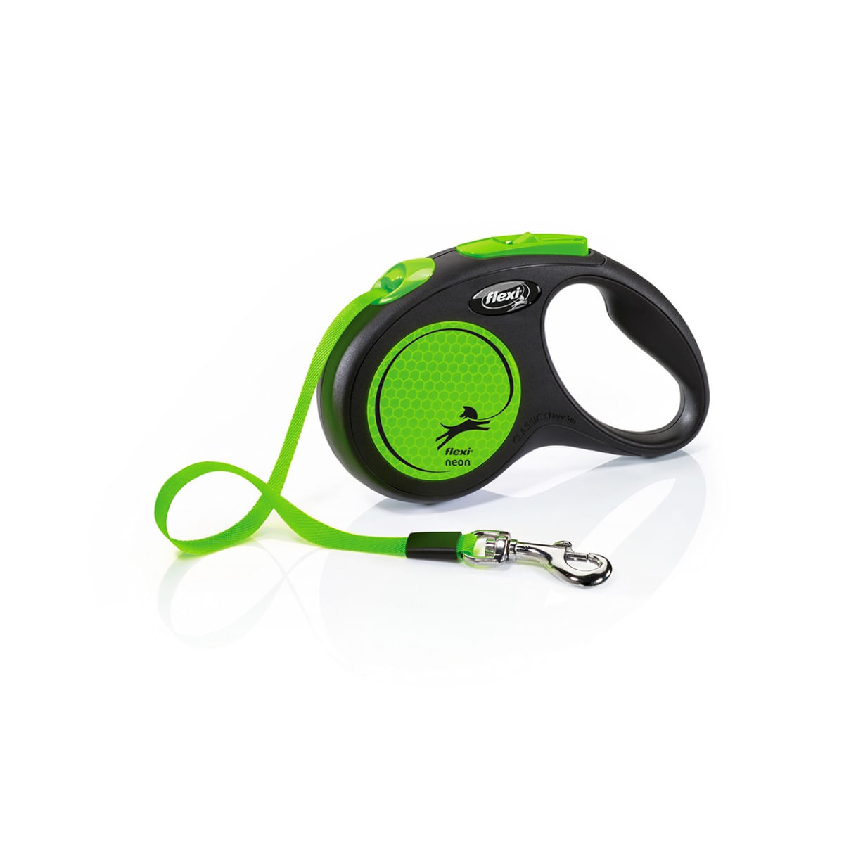 FLEXI Neon, lesă bandă retractabilă câini, reflectorizant, nylon, verde, S(15kg, 5m) - 1 | YEO