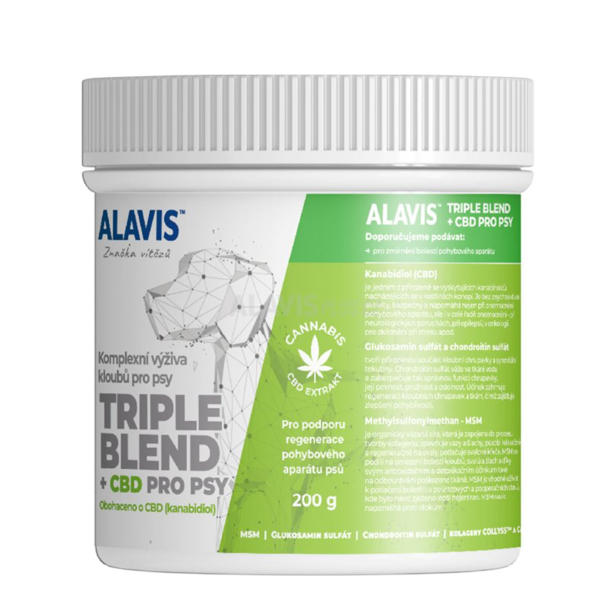 ALAVIS Triple Blend + CBD, supliment sistem articular, sistem nervos &amp; calmante câini, pudră ALAVIS Triple Blend + CBD, XS-XL, supliment sistem articular, sistem nervos &amp; calmante câini, flacon, 200g pudră